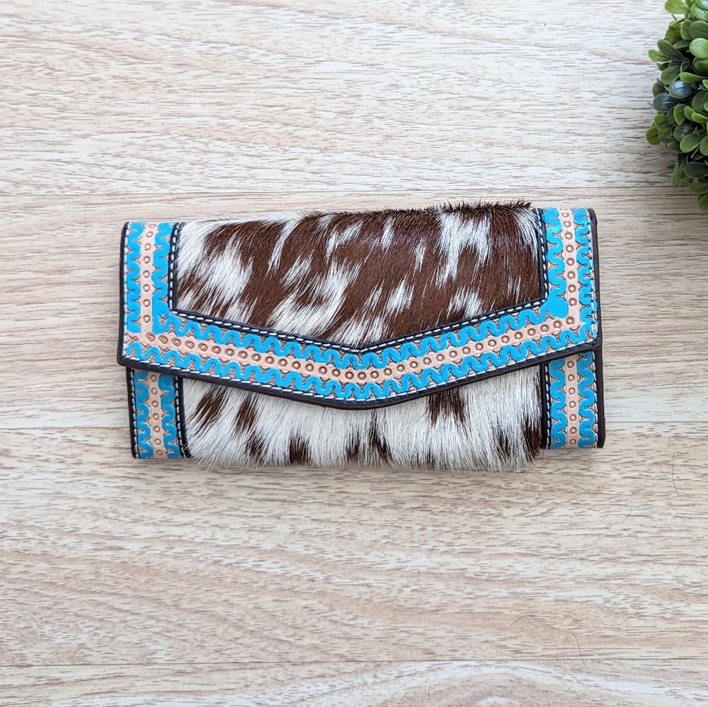 Genuine Cowhide and Leather Wallet with Turquoise Accents - Brown